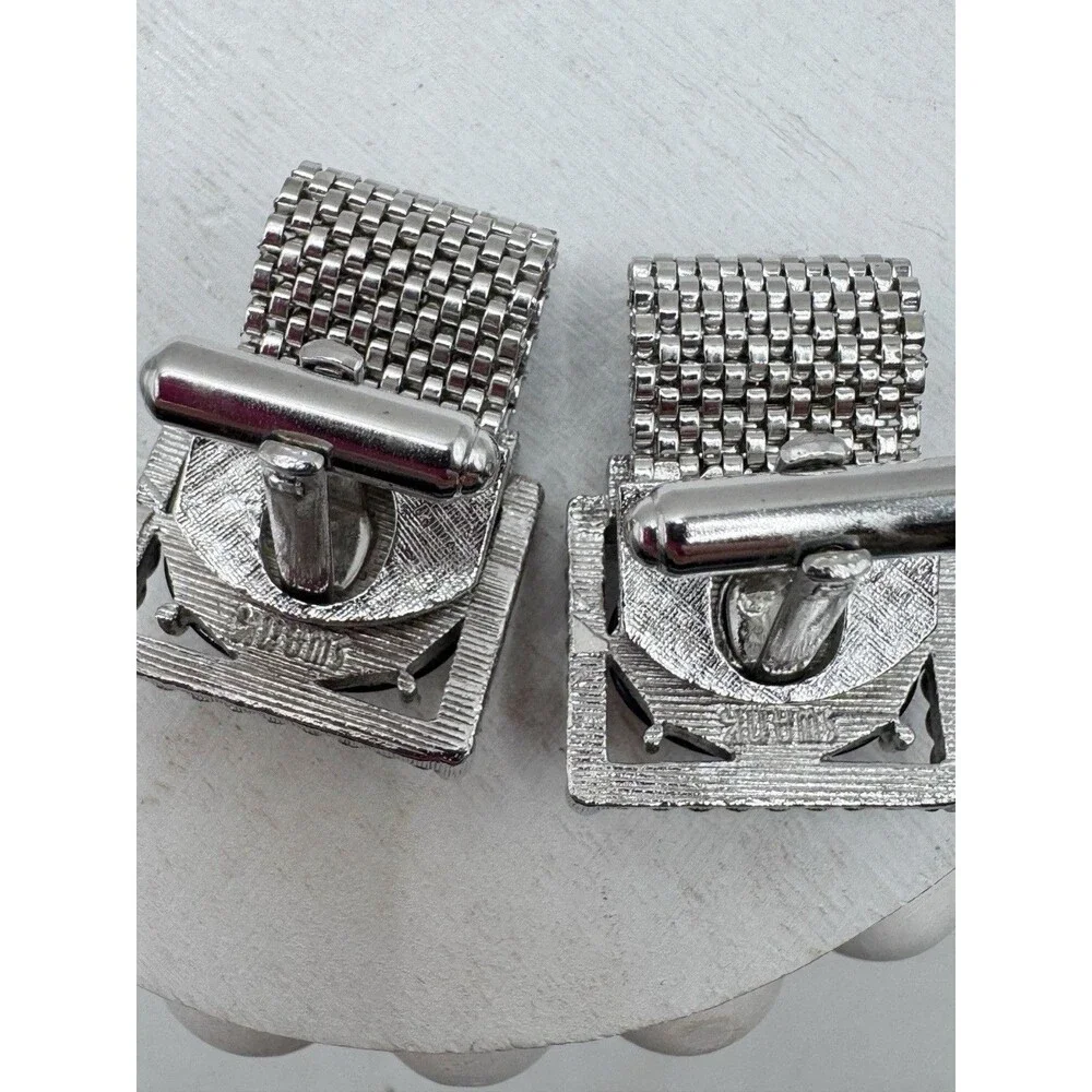 Vtg Swank Silver Tone Rectangular Grey Moonglow Oval Cabochon Mesh Cufflinks
